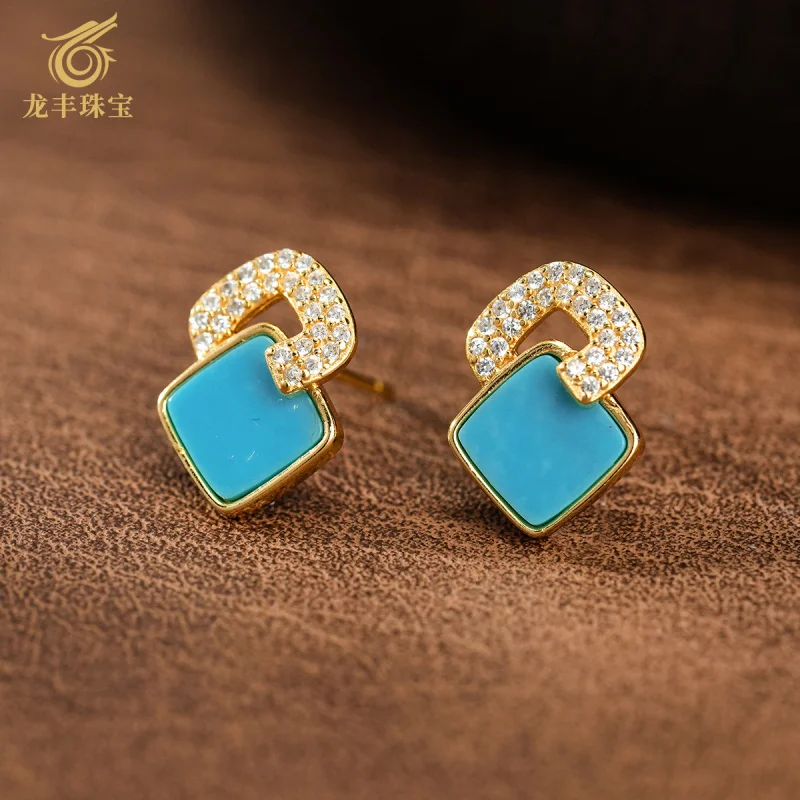 Turquoise S925 Silver Plated 18K Gold Genuine Natural Turquoise Square Earrings Women