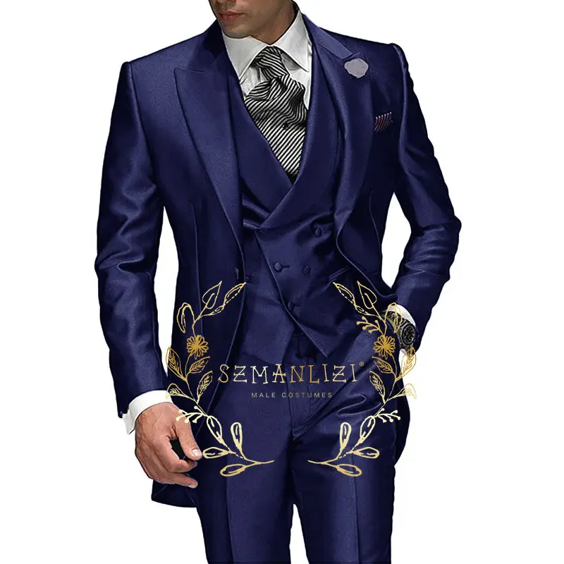 

Navy Blue Prom Suits for Men Slim Fit Wedding Groom Tuxedo Peaked Lapel 3 Pieces Male Fashion Costume Blazer Vest Pants