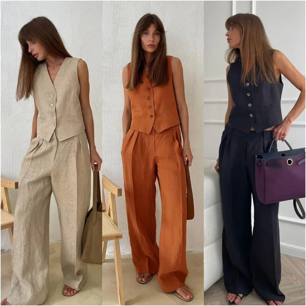 Womem Linen Cotton Chic Vest ๏ผ Pants Suit Two-Piece Set Office Ladies Summer Chic 2 Piece Sets Womens Outfits