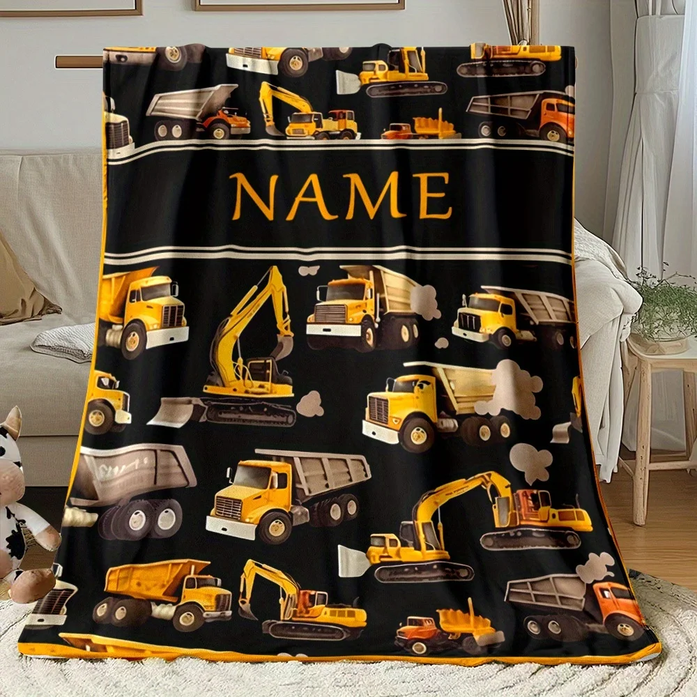 1Pc Construction Vehicles Pattern Custom Name/Text Flannel Blanket, Soft and Comfortable,Suitable for Office, Home, Holiday Gift