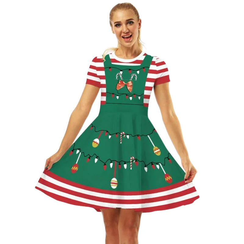 Merry Christmas Dress for Women Snowman Graphics Stripe Elk 3D Printing Xmas Cosplay Costume Anime Disguise Adult Clothing