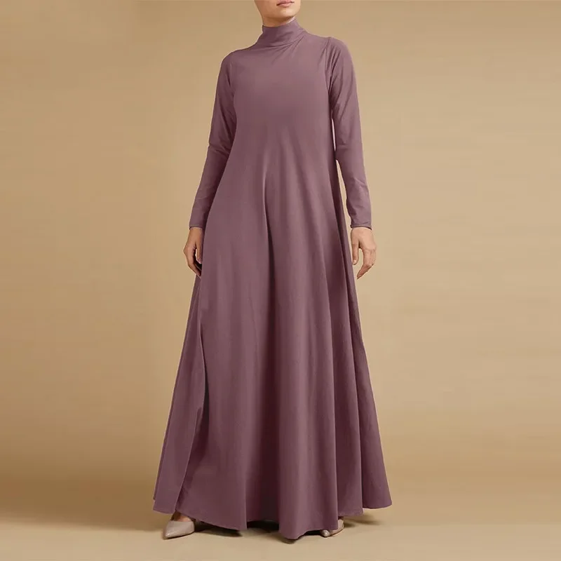 Abayas Muslim Dresses Women Clothing Long Sleeve Maxi Dress Elegant High Collar Loose Fit  A-line Frcok Solid Color Thin Outfits