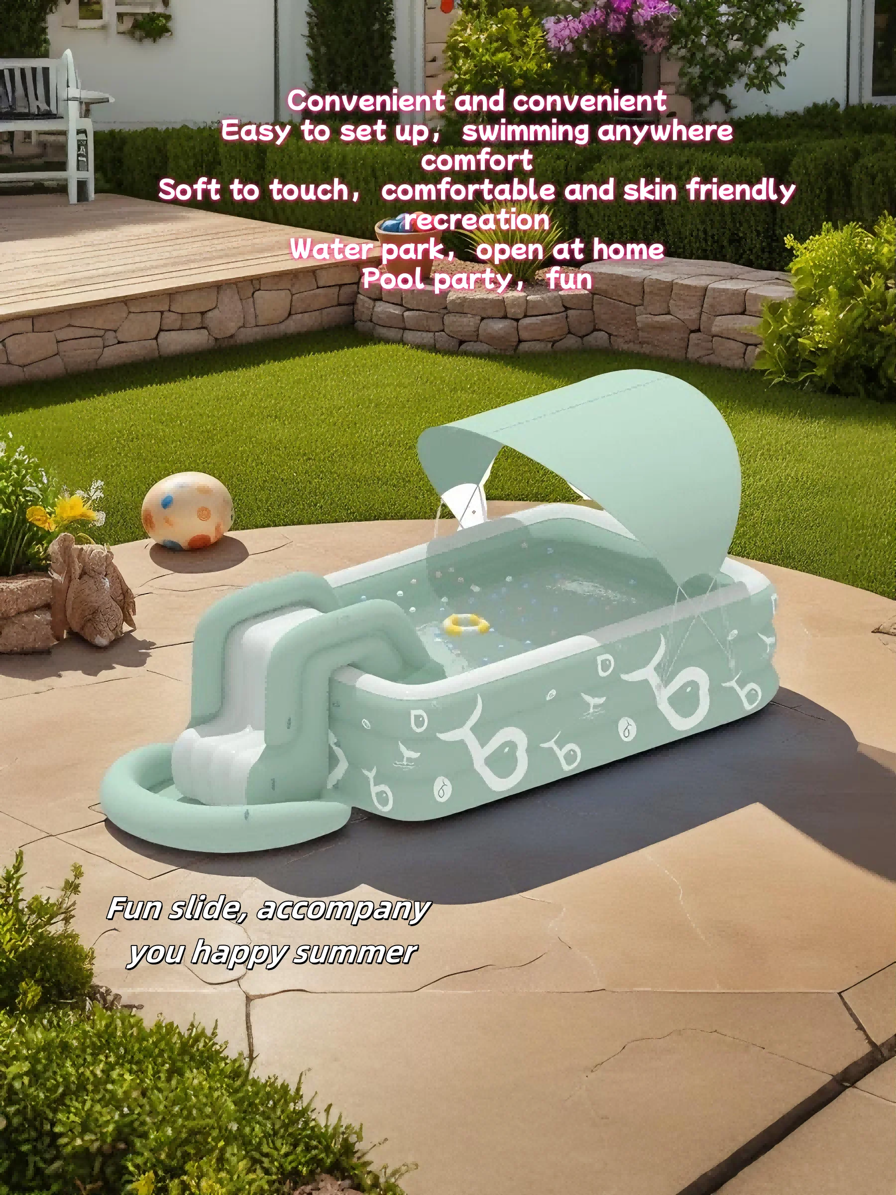 2M Inflatable Swimming Pool Large Family Wading Pool Thickened PVC 3-Ring with Drain Valve Garden Backyard Water Party for Adult