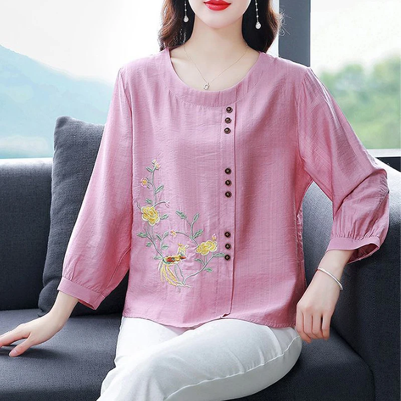 New Women Chinese Style Vintage Embroidery Blouses Elegant Fashion 3/4 Sleeve Loose Shirts Ladies O Neck Solid Cotton Linen Tops