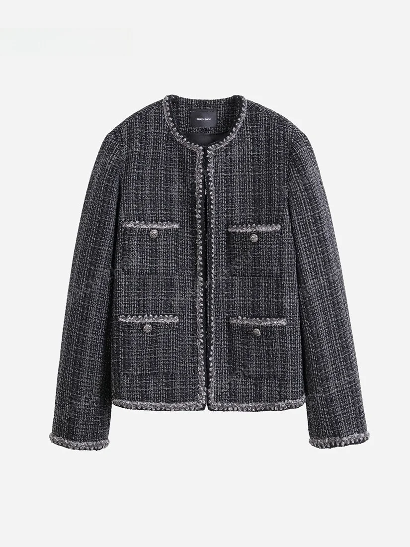 

PEACHZHOU Luxury Woolen Tweed Coat round Ne Loose Fit Ele Small Fraance Sle Women's Faion Outerwear