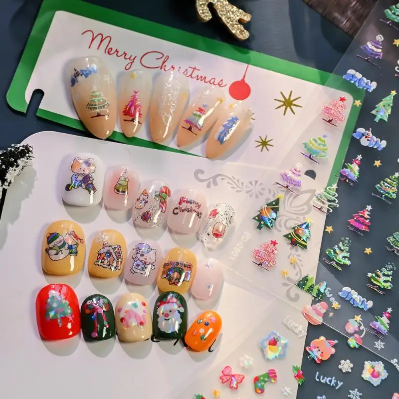 Adesivi per unghie natalizi con rilievo laser 5D Fiocchi di neve Babbo Natale Alce Albero di Natale Decalcomanie per unghie Set manicure natalizio invernale in rilievo