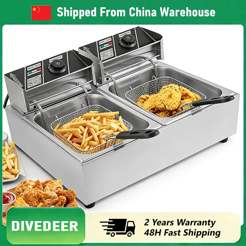 DIVEDEER Freidora Comercial de Doble Tina de 6L/12L, Máquina Doméstica de Una Tina para Pollo Frito y Patatas Fritas