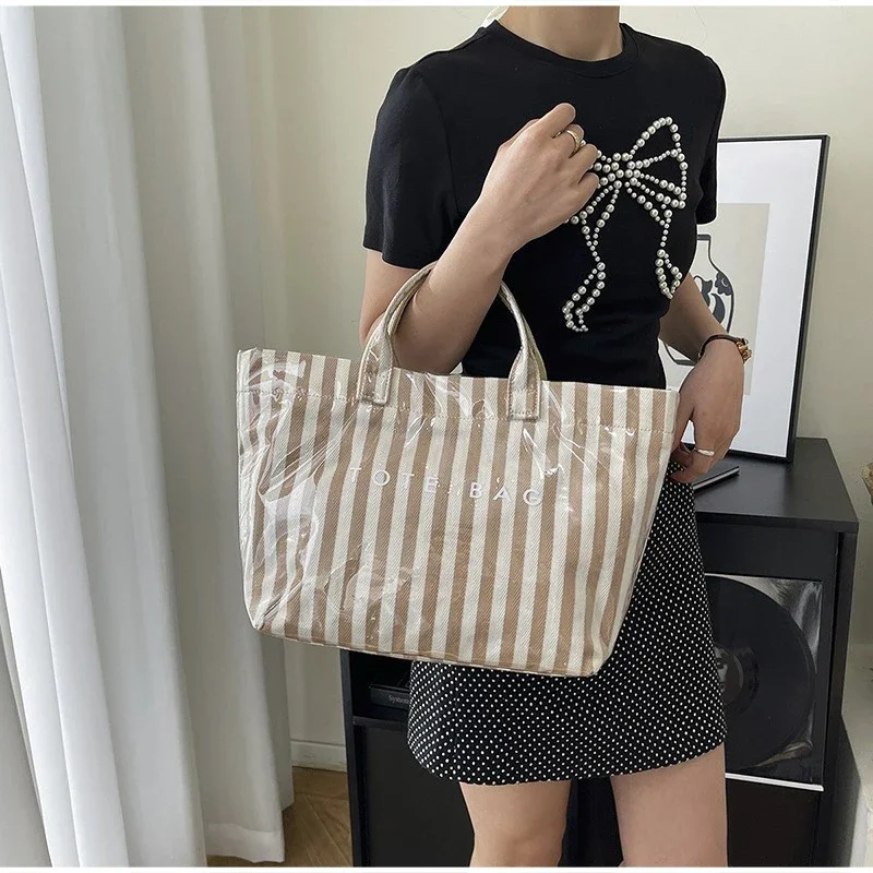 PVC-Tragetasche, wasserdichte modische Damen-Umhängetasche mit vertikalen Streifen, große Arbeitstasche mit Henkel, Shopper-Tasche – Detail 10