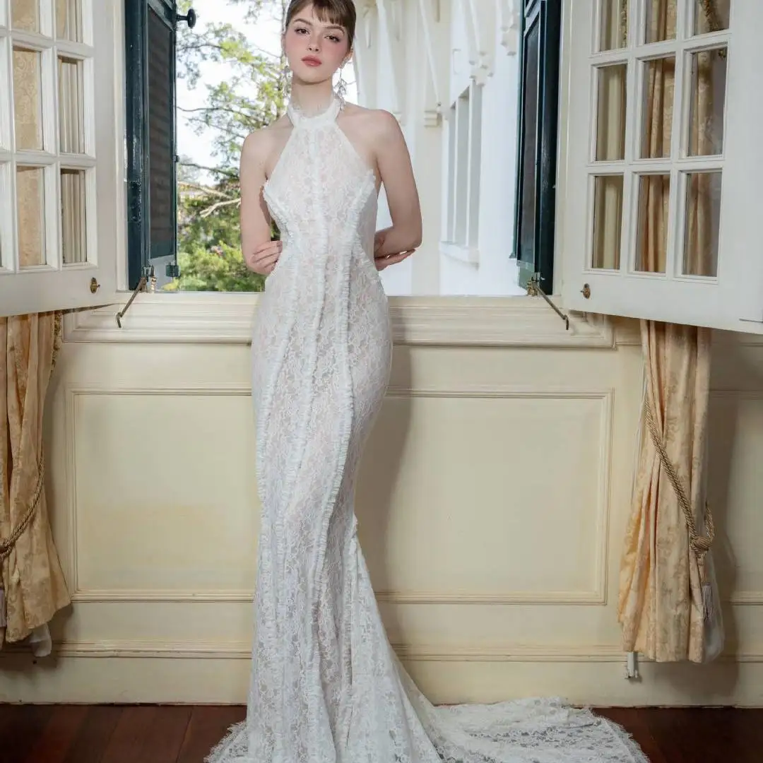 

Elegant White Lace Off-Shoulder Floor-Length Dress Casual Evening Gown Wedding Dress Zipper Style Elastic Waist Knitted Fabric
