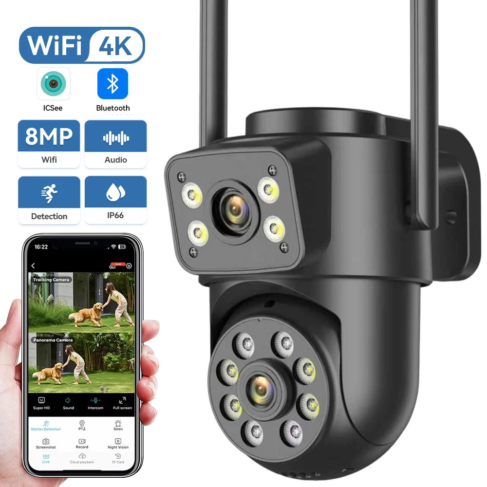 4K 8MP PTZ Wireless WiFi Surveillance Camera Dual Screen IP66 Waterproof Outdoor AI Human Detection  CCTV Security Camera iCSee