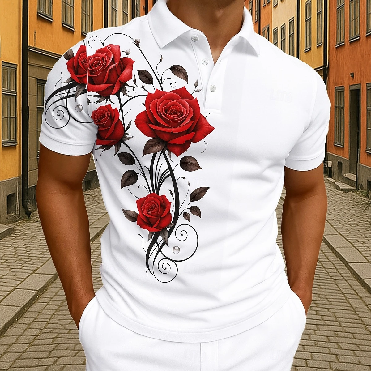 Elegante Camisa Polo Roja con Estampado Floral 3D de Rosas para Hombre, Manga Corta, Cuello Camisero, Estilo Casual y de Negocios, para Golf