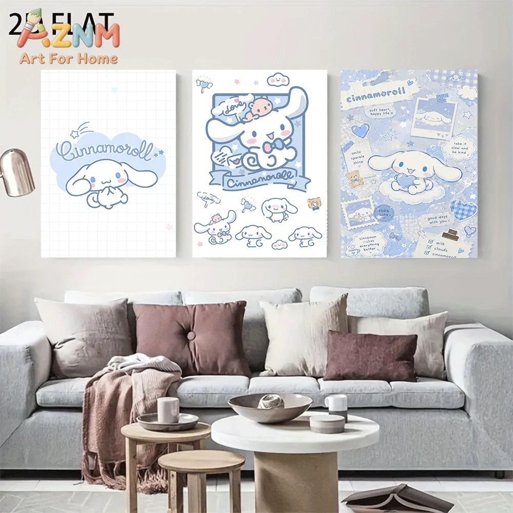 AZNM Cinnamoroll Canvas Wall Art Unframed Cute Cartoon Print Poster Grid Plaid Cloud Heart Bear Scrapbook Style Design for Girls