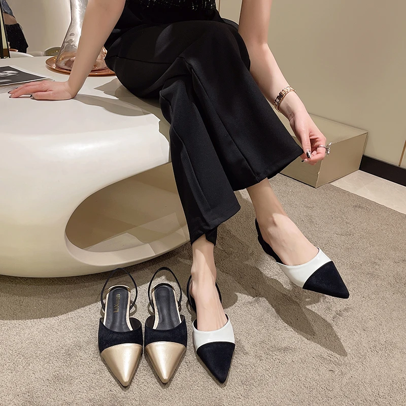 2022 nowe letnie damskie czółenka Pointed Toe Back sandały Slingback damskie obcasy elegancki wygląd Colorblock damskie sandały