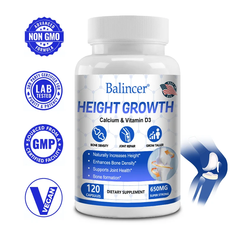 Height Growth Calcium Vitamin D3 Supplement Natural Vegetarian Capsules Grow Taller Bone Strength Adult Height Growth Joints