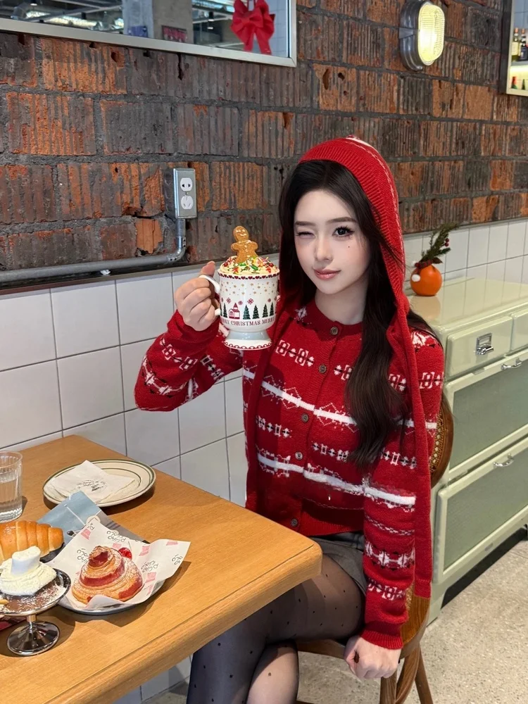 

Christmas New Year Red Fair Isle Knitted Sweater Coat Short Slim Fit Cardigan Hooded Thickened Warm Female Outerwear