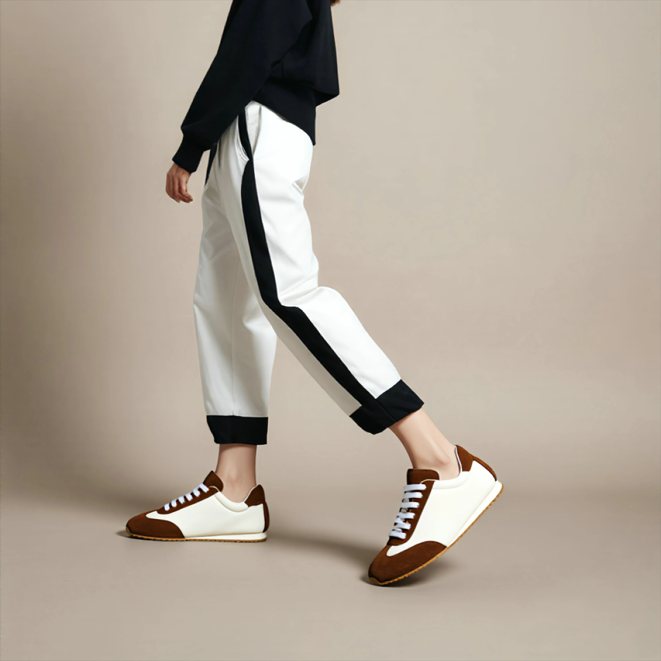 Women's Cow Suede Lace-Up Sneakers - Round Toe Flats Shoes