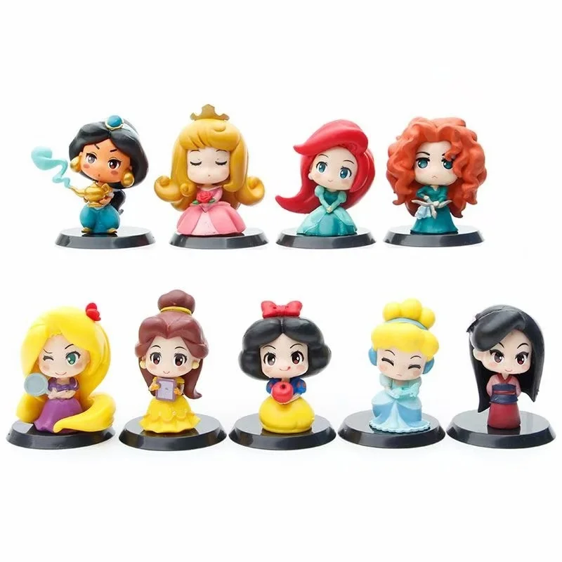 9 pz/set Cartoon Kawaii Q Ariel Belle Princess Action Figure Aurora Jasmine biancaneve Mulan Rapunzel Model Doll Toys regalo per bambini