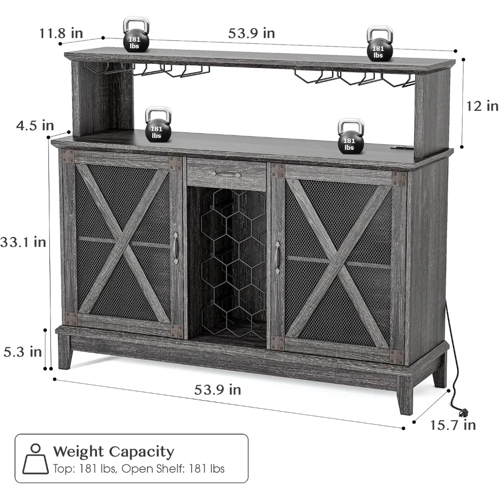 Weinbarschrank, Bauernhaus-Schnappschrank mit Schublade, Kaffeebarschrank mit LED-Leuchten, Buffetschrank mit Weinregal und G