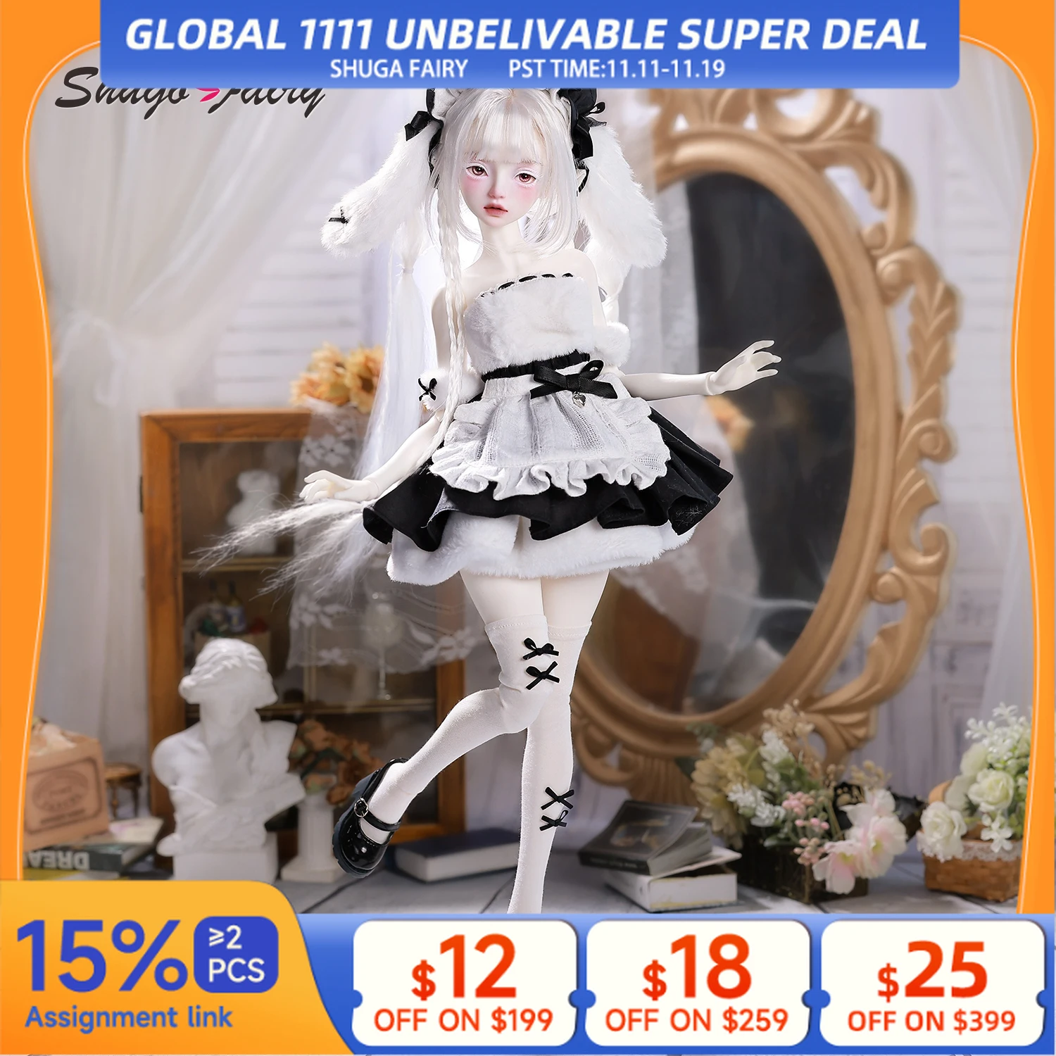 

ShugaFairy Libra F 1/4 Curvy BJD French Maid Full Set W/ Apron & Poseable Body Kawaii Cosplay Collectible Original Doll