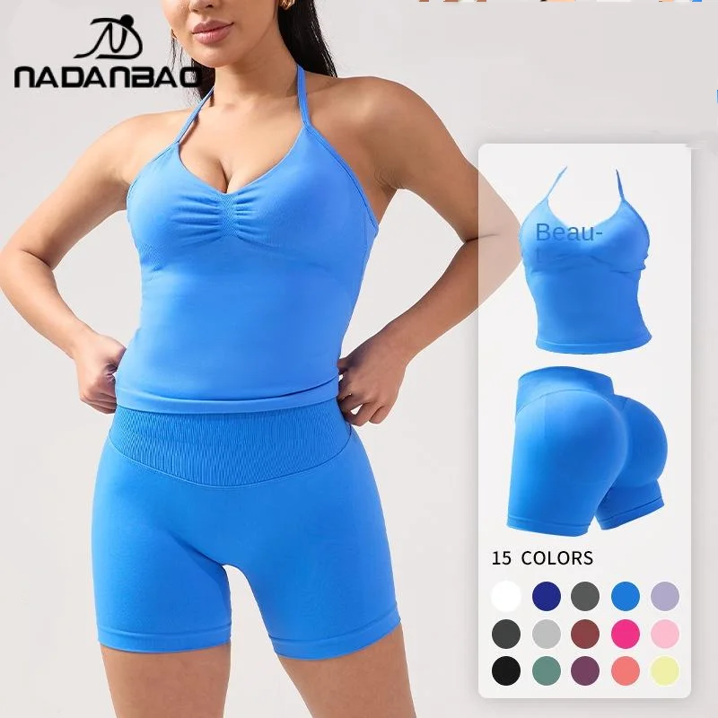 

Nadanbao Seamless Neck Sports Top Vest Beautiful Back Yoga Sports Shorts Women's Three-point Pants Fitness Clothes Suit 2025