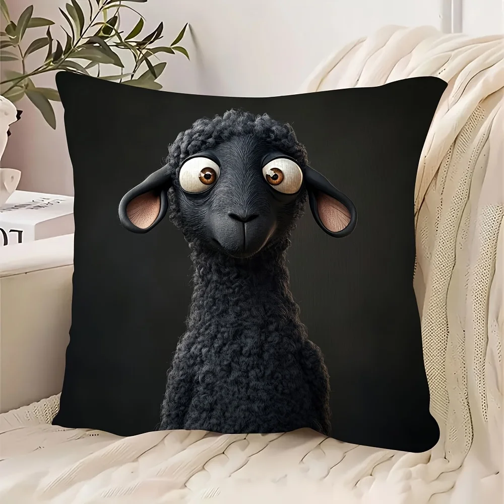 Black Sheep Cartoon Double-Sided Decorative Pillowcase, Cute Animal Character Cushion Cover for Sofa Bedroom Home Decor