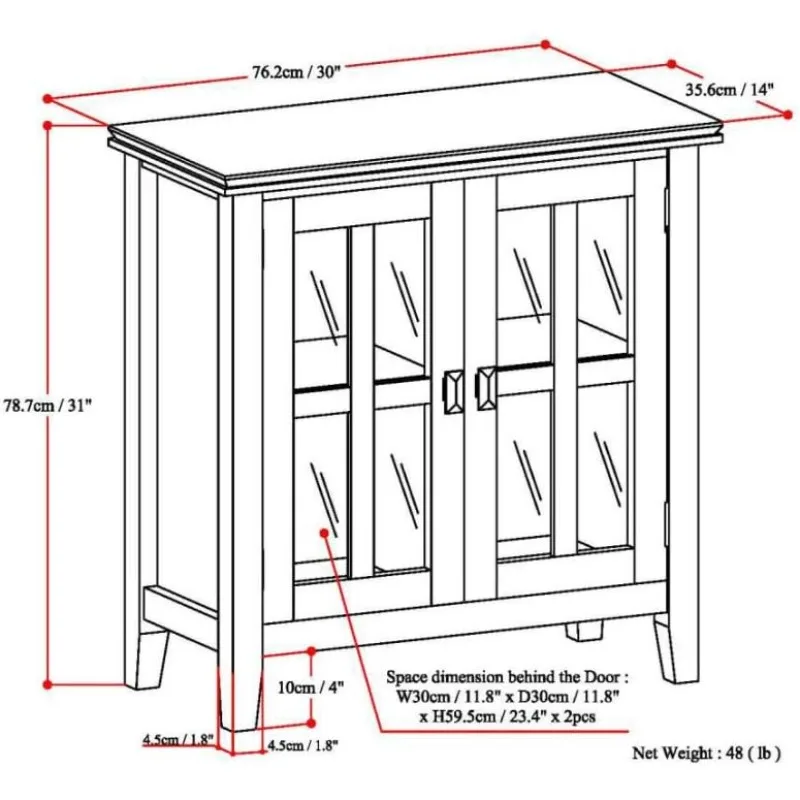 Artisan SOLID WOOD 30 inch Wide Contemporary Low Storage Cabinet in Russet Brown, with 2 Tempered Glass Doors