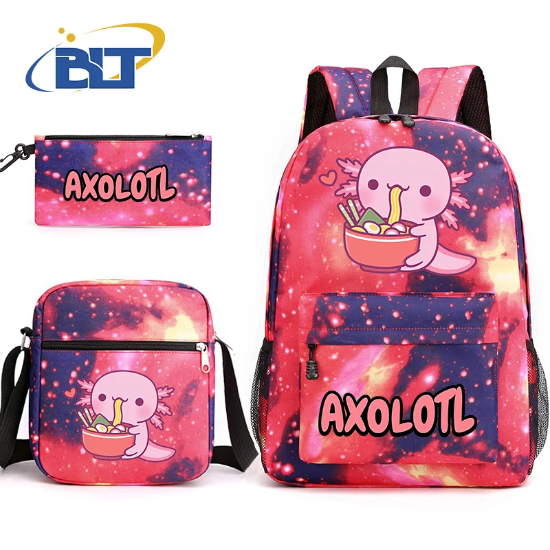 Axolotl borsa da scuola per bambini stampata set da 3 pezzi zaino per studenti borsa a tracolla astuccio per matite set regalo scolastico per bambini