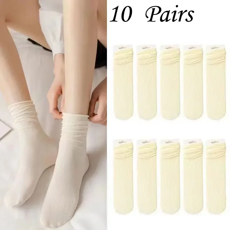 10 Paar Kawaii Damen-Socken aus Eisseide – mittlere Röhre, einfarbig, gestapelter Stil, atmungsaktive und weiche Freizeitsocken – Detail 3