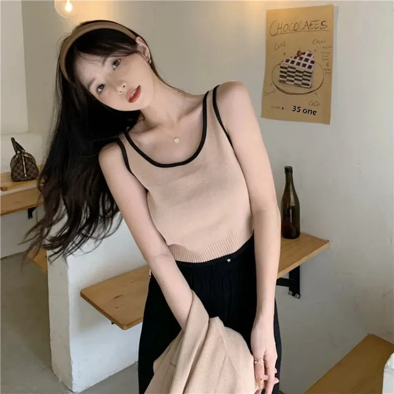 Color Blocking Knitted Cardigan Women's Cropped Top Spring Autumn New Style Inner Tank Slimming Smooth Silhouette