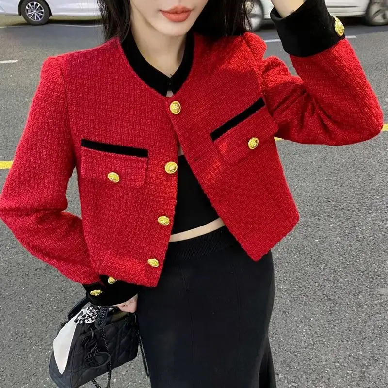 2024 Autumn Winter New Tweed Coat Women's Fashion Single-breasted Short Straight Tweed Overcoat Lady South Korea Casual Jackets