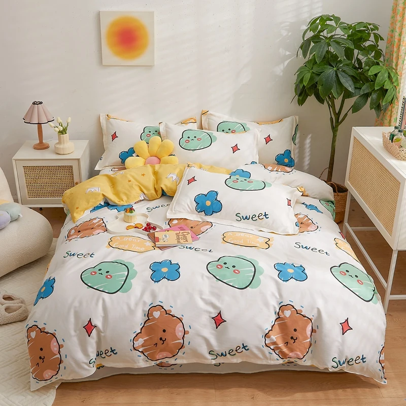 Funny Cartoon Animals Duvet Cover Set 3Pcs Cotton Bedding Set Soft Skin-friendly Comfortable Zipper Quilt Cover with Pillowcases