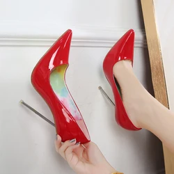 Sexy Steel Pipe Dance Red Black Shoes For Woman 12cm Metal High Thin Heels Pointed Toe Stiletto Wedding Patent Leather Pumps