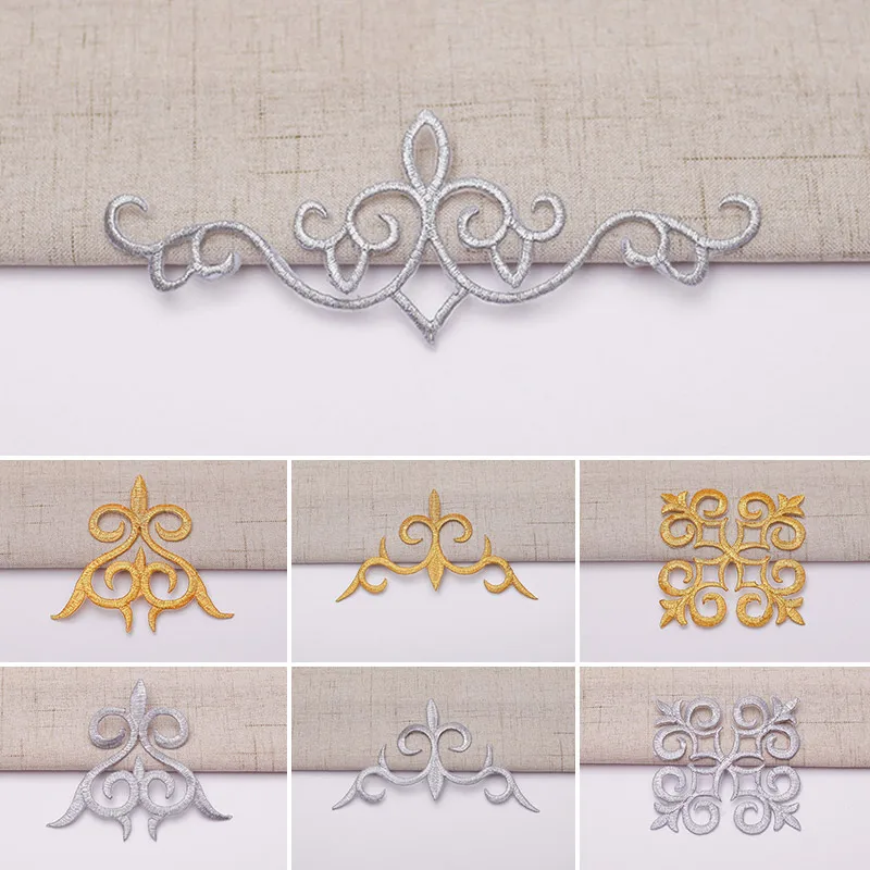 1pc Gold Silver Color Iron On Appliques Embroidered Patches Lace Fabric Decoration Vintage Dress Costumes Diy Trims