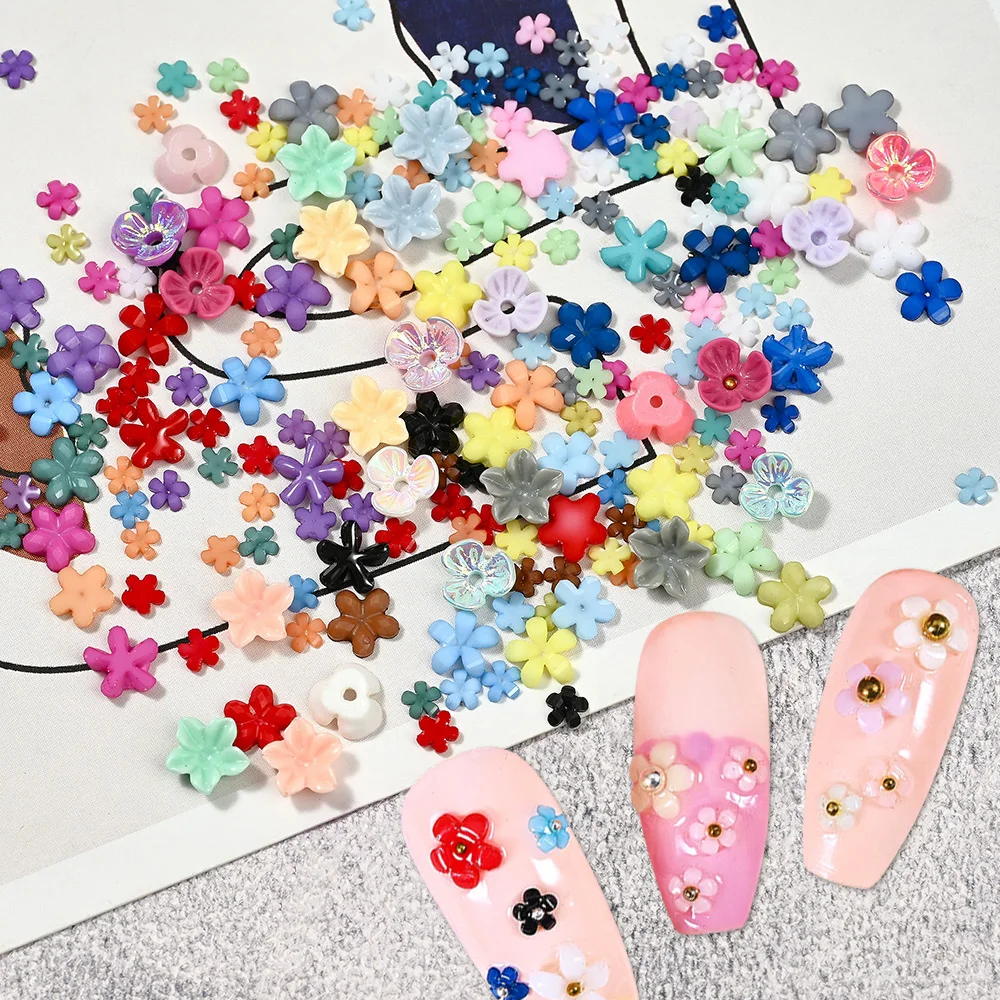 12 grades de resina flores 3d arte do prego encantos + contas de caviar ouro/prata cinco pétalas strass florais kawaii flor manicure peças * &