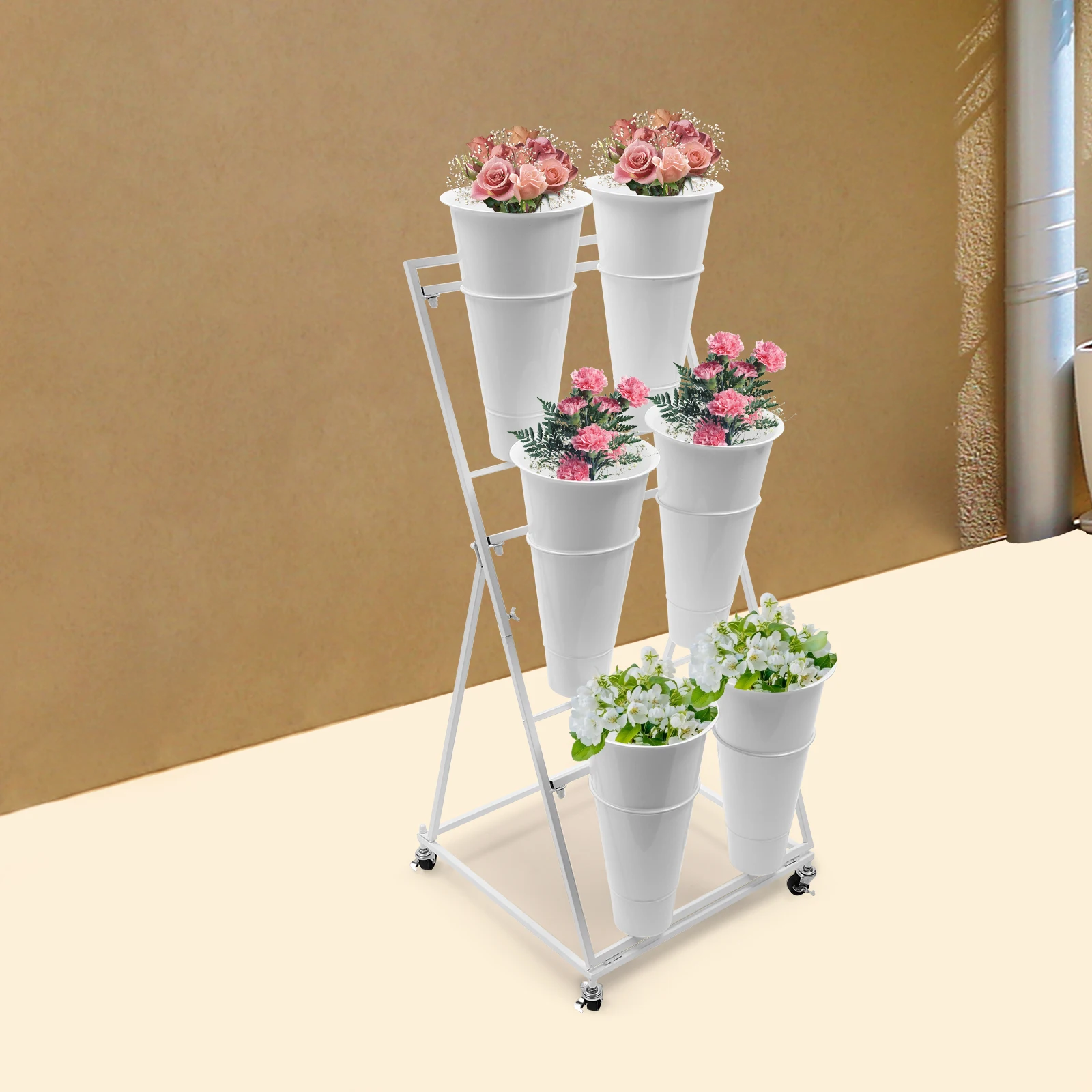 

Flower Shop Movable Three-Layer Flower Rack with 6 Round Buckets Iron Display Rack - White Rack Easy to Install