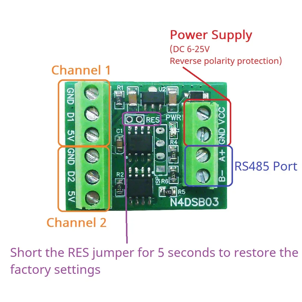 -55 to +125C DS18B20 Sensor 1-2CH RS485 Digital Temperature Collector Module DC 5V 12V 24V for Thermostat Smart Home R46CA01