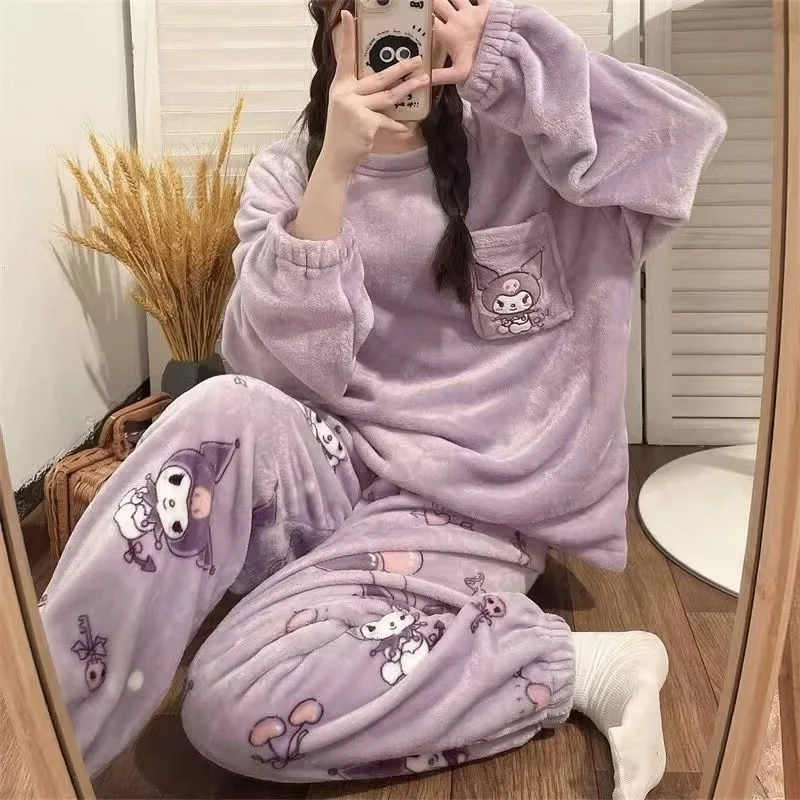 New Sanrio Cinnamoroll Kawaii Cartoon Pajama Sets Winter Warm Thickened Woman Clothes Plush Homewear Cute Sleepwear Loungewear