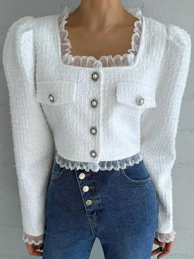 

Chic Korean Sle ort Coat Women's Square Collar Patchwork Lace Trim Single Button Warm Fitted Polyester Fiber Outerwear