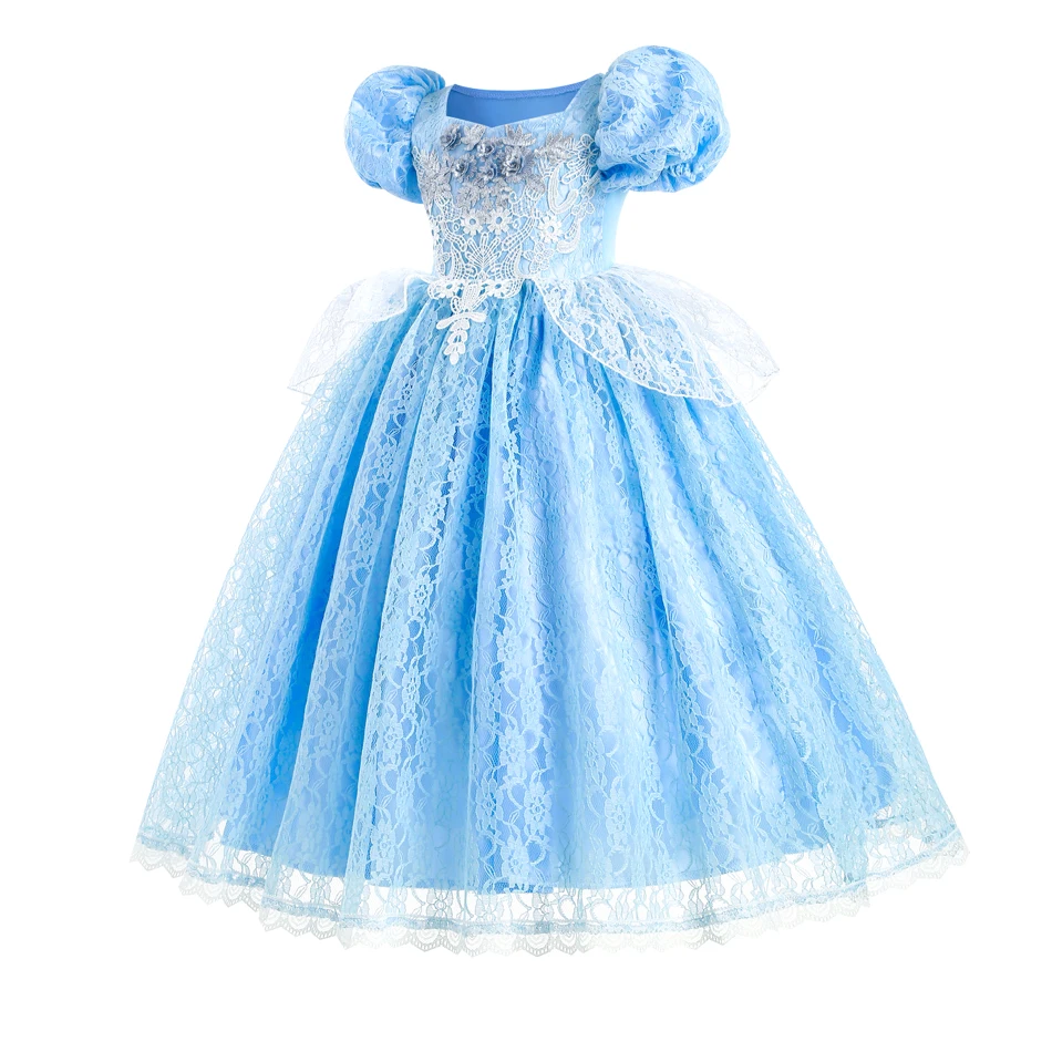 Fluffy Lace Deluxe Cinderella Dress Girls Birthday Surprise Gift Kids Halloween Theme Party Classic Princess Cosplay Costume