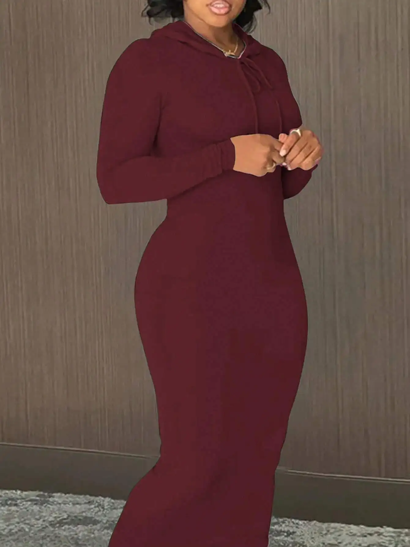 

Solid Color Drawstring Hooded Fitted Long Casual Dress For Women