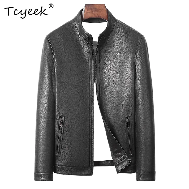 

Tcyeek Genuine Goatskin Spring Autumn Trendy Stand Collar Black Short Men's Genuine Leather Jacket Jaqueta De Couro Masculina