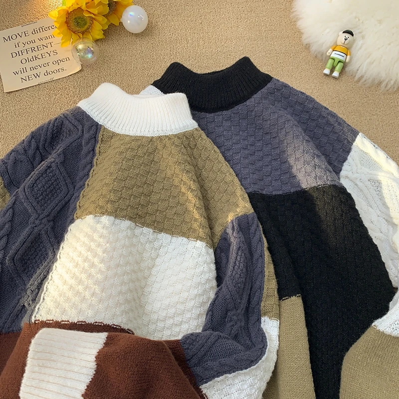 

Модный вязаный свитер с цветными вставками и высоким воротником для мужчин, весенне-осенний, повседневный, свободного кроя, с длинными рукавами, с геометрическим узором