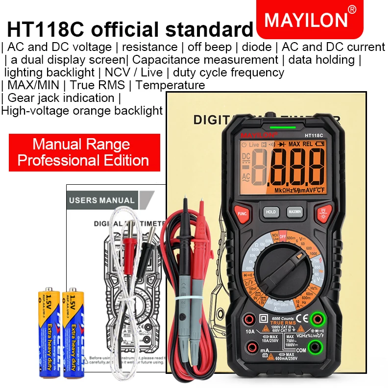 MAYILON-Ht118d Multímetro digital, 6000 contagens, teste do diodo, capacitância medidor, Dropshipping