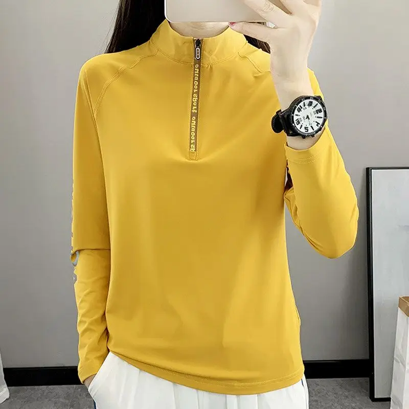 Outdoor Fitness Clothes Women's Long Sleeve Thin Sports Climbing Running Hiking Top Spring Summer Half Zip Stand Collar T-Shirt