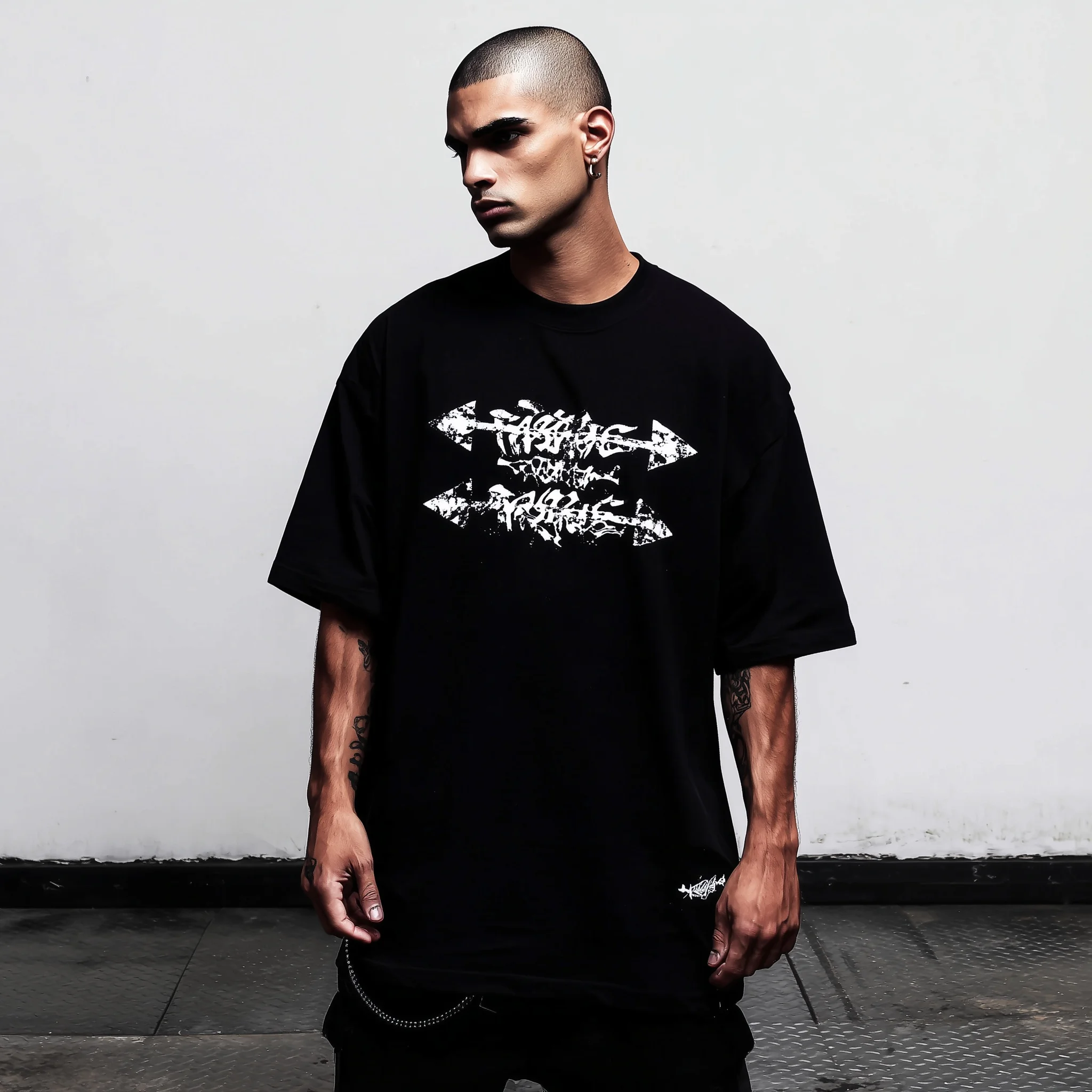 

Teevo Black Oversized T-Shirt with Abstract Arrow Print - Urban Streetwear Style for Casual Daily Wear