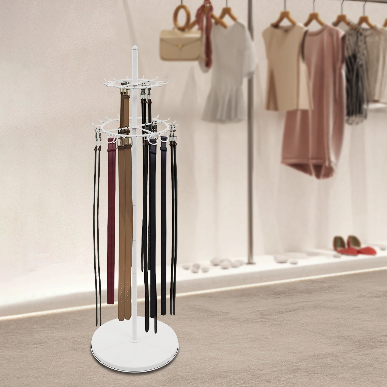 

31 Hooks Floor Standing Belt Display 66.1in Metal Retail Tie Rack Hanger Organizer 2 Tiers white For Tie& Belt