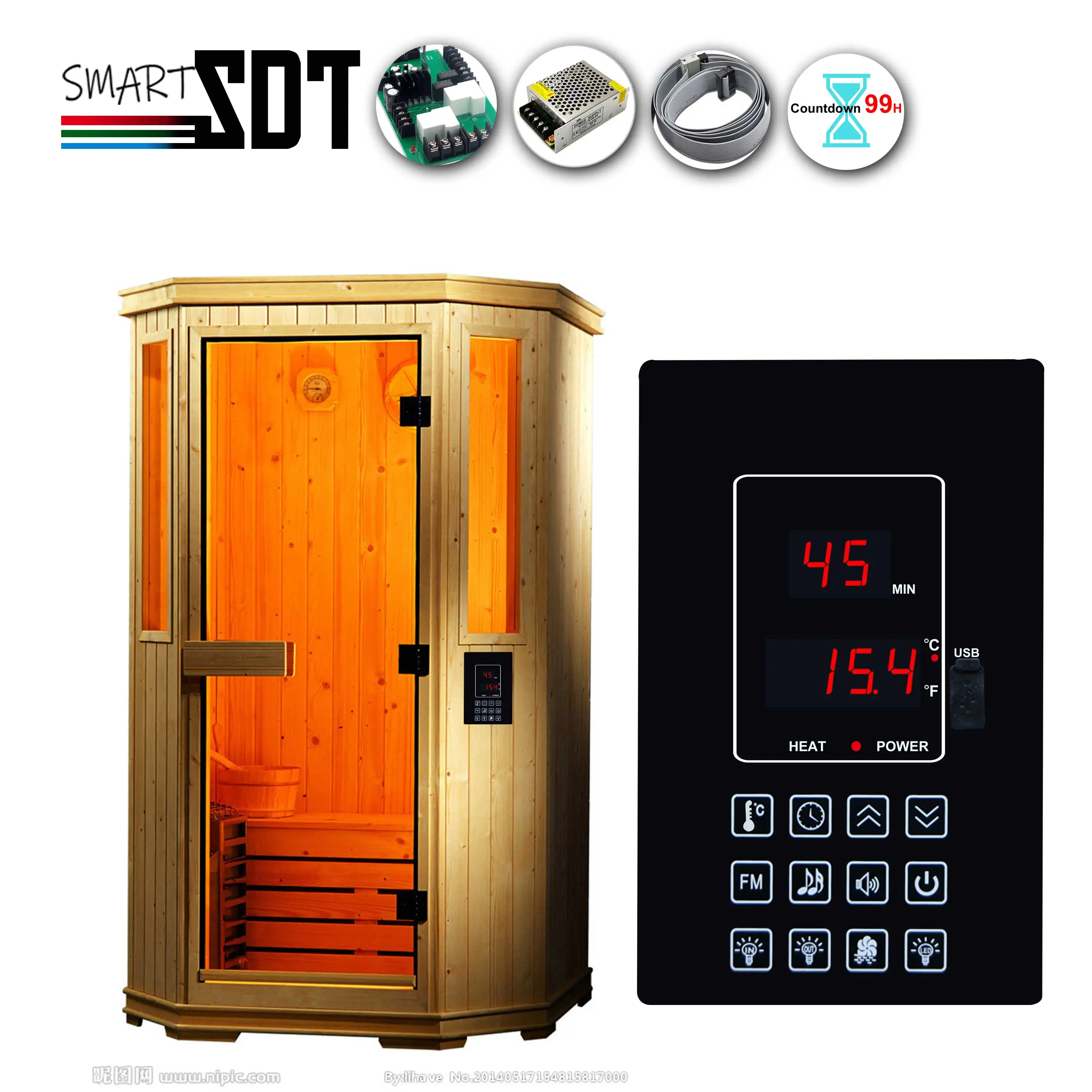 Infrared Sauna Heater Digital External Control Panel for 99 Hour Timer, Internal External Lights,Fan AUX Switch,USB MP3 FM