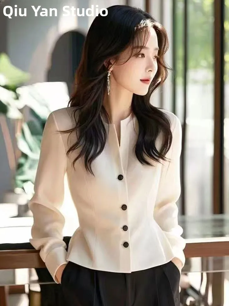 

Slim Fit Long Sve irt Women's Faion Autumn New Sle Waist Cinching round Ne Pure Color Top Luxury Sensation French ...