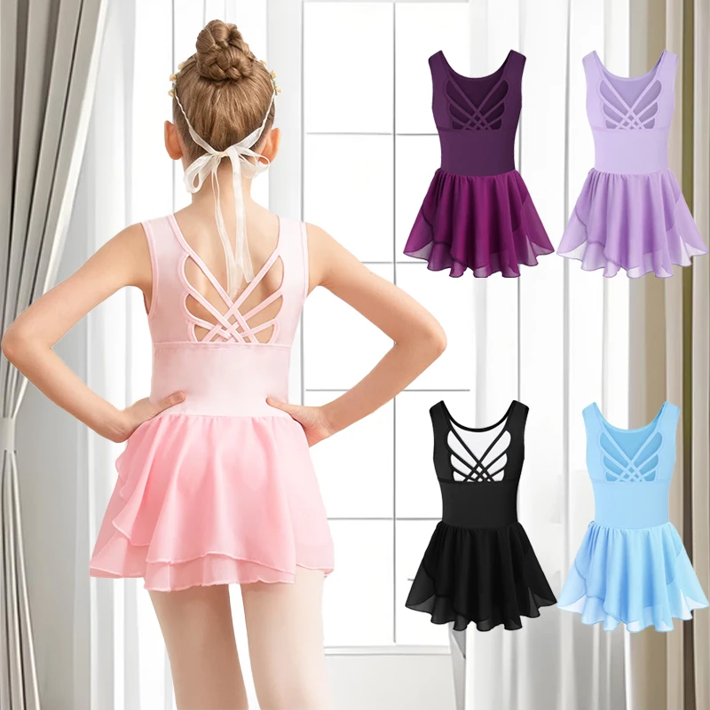 Collant de balé regata para meninas com saia vestido de dança infantil, linda borboleta vazada nas costas