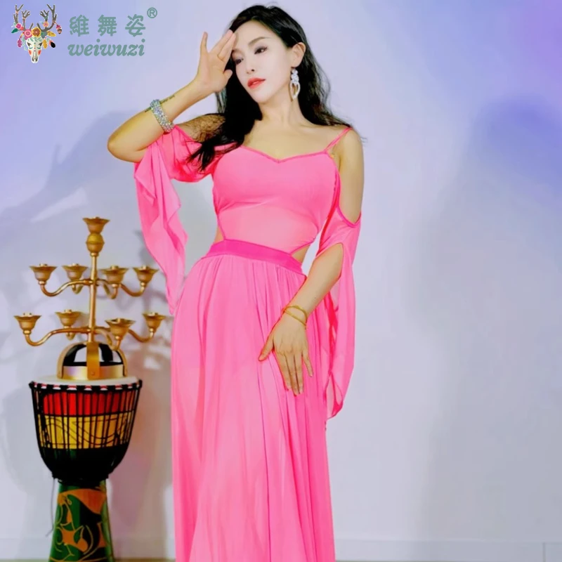 Belly Dance Costume Set for Women Mesh Long Sleeves Top+gauze Long Skirt Training Set Sexy Oriental Belly Dancing Wear Outfit